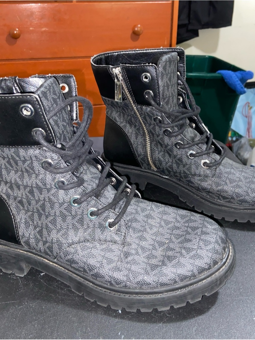 Michael Kors Black and Charcoal Logo Combat Boots